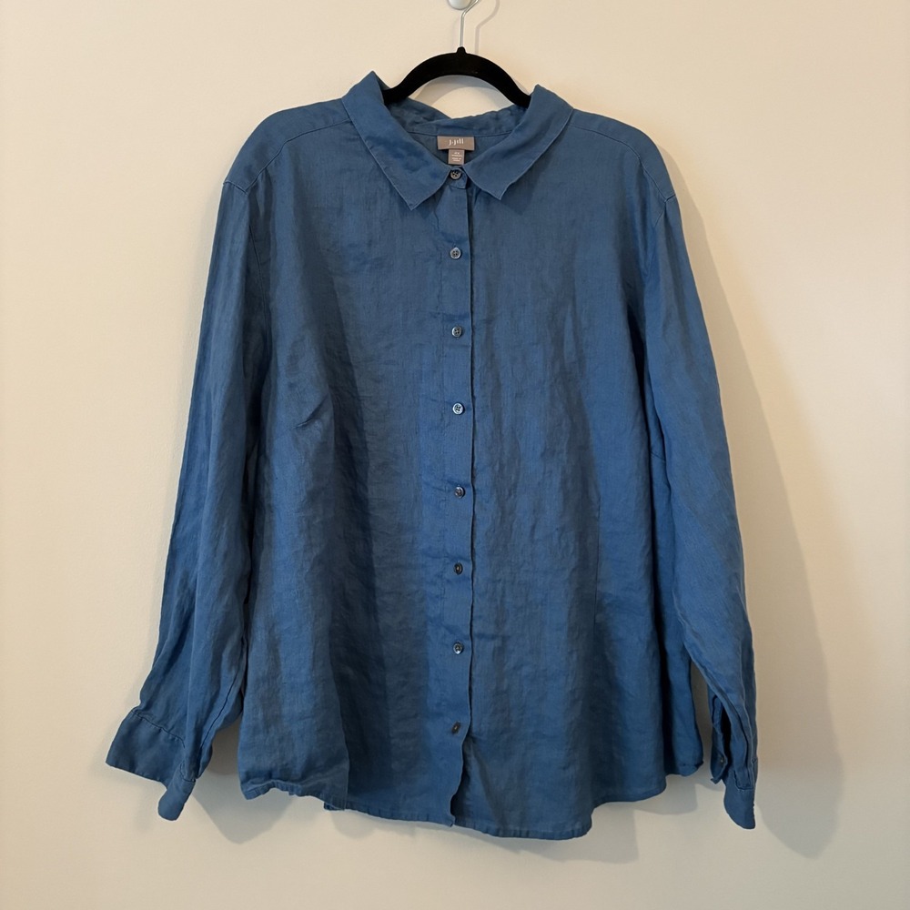 J Jill 100% Linen Long Sleeve Button Up Blouse Blue 4X Minimalist Lagenlook